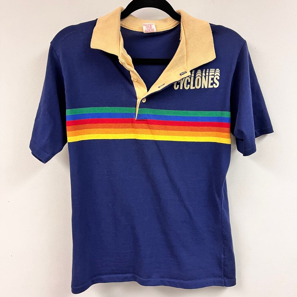 vintage 1970's men's Iowa Cyclones rainbow polo navy tan collar short sleeve LG
